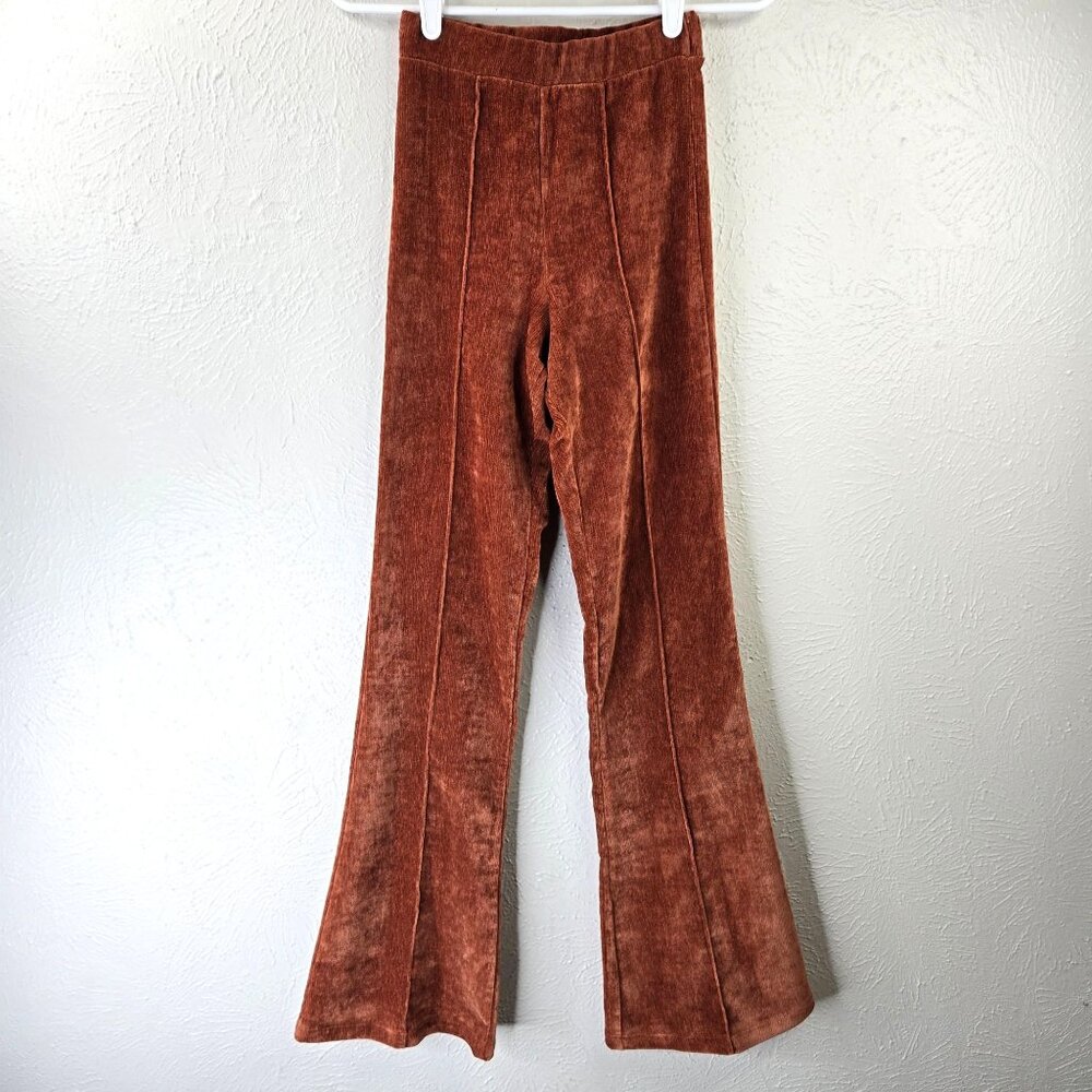 Velour Flare Pant XS Brown High Waist Pull on Stretchy Pintuck Trouser Retro 70s